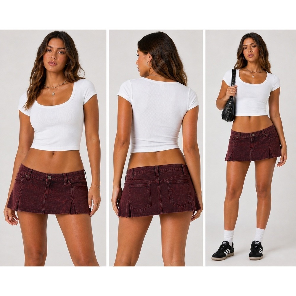 NEW Y2K Burgundy Flocked Velvet Denim Micro Mini Skirt Size 8 Low Rise Wine Red
